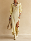 Women's Classic Light Yellow High-Stretch Knit Midi Dress With Slit ZMZ0797H1SWL