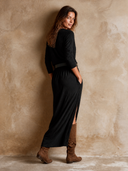 Women's Retro Casual Star And Moon Embroidered Cotton Henley Collar Long Sleeve Slit Maxi Dress ZMZ0708H8ZJY