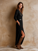 Women's Retro Casual Star And Moon Embroidered Cotton Henley Collar Long Sleeve Slit Maxi Dress ZMZ0708H8ZJY