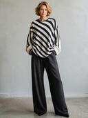 Women's American Retro Casual Style Loose-Fit Black And White Striped Crew-Neck Sweater ZMZ0690H8ZYY