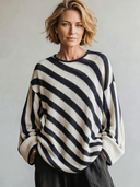 Women's American Retro Casual Style Loose-Fit Black And White Striped Crew-Neck Sweater ZMZ0690H8ZYY