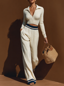 Women's Casual Knit Polo And Wide-Leg Pants Two-Piece Set ZMZ0655H6XT
