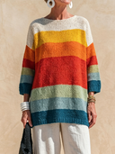 Women's Fashionable Casual Colorful Horizontal Stripes Loose-Fit Crew-Neck Sweater ZMZ0450H0ZYY