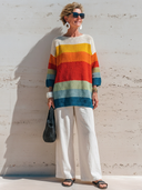 Women's Fashionable Casual Colorful Horizontal Stripes Loose-Fit Crew-Neck Sweater ZMZ0450H0ZYY