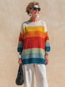 Women's Fashionable Casual Colorful Horizontal Stripes Loose-Fit Crew-Neck Sweater ZMZ0450H0ZYY