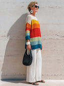 Women's Fashionable Casual Colorful Horizontal Stripes Loose-Fit Crew-Neck Sweater ZMZ0450H0ZYY