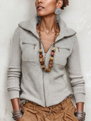 Women's Classic Light Grey Zip-Up Knit Cardigan ZMZ0783H8SWL