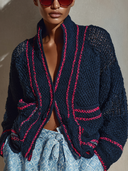 Women's Color-blocked Chunky Knit Stand Collar Cardigan ZMZ0693H4XT