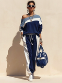 Women's Stylish Color-Block Cotton One-Shoulder Long-Sleeve Top And Joggers Set ZMZ0777H4SWL