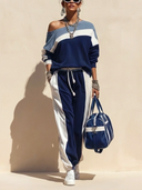 Women's Stylish Color-Block Cotton One-Shoulder Long-Sleeve Top And Joggers Set ZMZ0777H4SWL