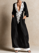 Women's Retro Casual Lace Cotton Linen Patchwork Deep V-Neck Three-Quarter Sleeve Maxi Dress ZMZ0716H7ZJY