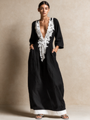Women's Retro Casual Lace Cotton Linen Patchwork Deep V-Neck Three-Quarter Sleeve Maxi Dress ZMZ0716H7ZJY
