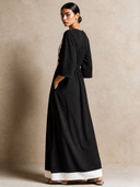 Women's Retro Casual Lace Cotton Linen Patchwork Deep V-Neck Three-Quarter Sleeve Maxi Dress ZMZ0716H7ZJY