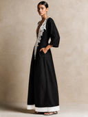 Women's Retro Casual Lace Cotton Linen Patchwork Deep V-Neck Three-Quarter Sleeve Maxi Dress ZMZ0716H7ZJY