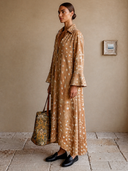 Women's American Retro Casual Faux Suede Printed V-Neck Flared-Sleeve Loose Maxi Dress ZMZ0691H0ZYY