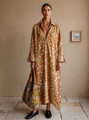 Women's American Retro Casual Faux Suede Printed V-Neck Flared-Sleeve Loose Maxi Dress ZMZ0691H0ZYY