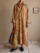 Women's American Retro Casual Faux Suede Printed V-Neck Flared-Sleeve Loose Maxi Dress ZMZ0691H0ZYY