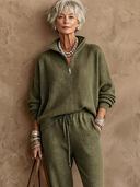 Women's Retro-American Casual Knit Stand-Collar Zip-Up Sweater And Jogger Pants Set ZMZ3064G1ZYY