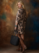 Women's Retro-American Style Leopard Print Crew Neck And Long Sleeves Knit Mini Dress ZMZ0672H8ZYY