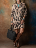 Women's Retro-American Style Leopard Print Crew Neck And Long Sleeves Knit Mini Dress ZMZ0672H8ZYY