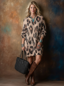 Women's Retro-American Style Leopard Print Crew Neck And Long Sleeves Knit Mini Dress ZMZ0672H8ZYY