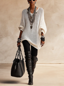 Women's Vintage White V-Neck Knitted Mesh Sweater Mini Dress ZMZ0780H1SWL