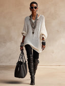 Women's Vintage White V-Neck Knitted Mesh Sweater Mini Dress ZMZ0780H1SWL