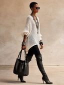 Women's Vintage White V-Neck Knitted Mesh Sweater Mini Dress ZMZ0780H1SWL