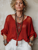Women's Vintage Red Knitted Mesh V-Neck Loose Sweater ZMZ0721H0SWL