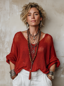 Women's Vintage Red Knitted Mesh V-Neck Loose Sweater ZMZ0721H0SWL