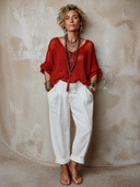 Women's Vintage Red Knitted Mesh V-Neck Loose Sweater ZMZ0721H0SWL