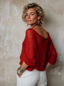 Women's Vintage Red Knitted Mesh V-Neck Loose Sweater ZMZ0721H0SWL