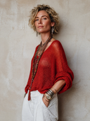 Women's Vintage Red Knitted Mesh V-Neck Loose Sweater ZMZ0721H0SWL