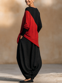 Women Art Color‑Block 2 Piece Outfit, Asymmetrical Loose Top & Oversized Harem Pants Set, Casual Lagenlook Matching Suit ZMZ0648H9YZH