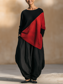 Women Art Color‑Block 2 Piece Outfit, Asymmetrical Loose Top & Oversized Harem Pants Set, Casual Lagenlook Matching Suit ZMZ0648H9YZH