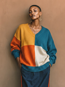 Women's Retro Casual Color-Block V-Neck Loose Sweater ZMZ0732H1ZYY