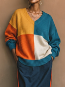 Women's Retro Casual Color-Block V-Neck Loose Sweater ZMZ0732H1ZYY