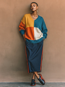 Women's Retro Casual Color-Block V-Neck Loose Sweater ZMZ0732H1ZYY