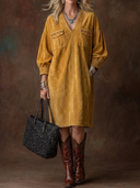 Women's Vintage Western-Style Faux Suede Embroidered V-Neck Lantern-Sleeve Loose Midi Dress ZMZ0607H7ZYY