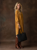 Women's Vintage Western-Style Faux Suede Embroidered V-Neck Lantern-Sleeve Loose Midi Dress ZMZ0607H7ZYY