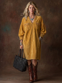 Women's Vintage Western-Style Faux Suede Embroidered V-Neck Lantern-Sleeve Loose Midi Dress ZMZ0607H7ZYY