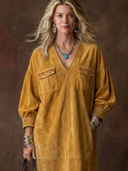 Women's Vintage Western-Style Faux Suede Embroidered V-Neck Lantern-Sleeve Loose Midi Dress ZMZ0607H7ZYY