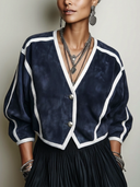 Women's Vintage Navy Faux Suede Color-Block V-Neck Cropped Jacket ZMZ0709H1SWL
