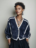 Women's Vintage Navy Faux Suede Color-Block V-Neck Cropped Jacket ZMZ0709H1SWL