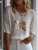 Women's Retro Casual Sequin Star Round Neck Knitted Short-Sleeve Sweater ZMZ0798H1ZJY