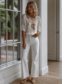 Women's Retro Casual Sequin Star Round Neck Knitted Short-Sleeve Sweater ZMZ0798H1ZJY