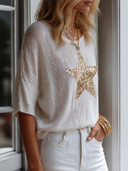 Women's Retro Casual Sequin Star Round Neck Knitted Short-Sleeve Sweater ZMZ0798H1ZJY