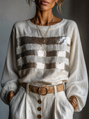 Women's Retro Casual Cotton Linen Sequin Striped Patchwork Crew Neck Pullover Shirt ZMZ0735H1ZJY
