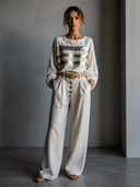 Women's Retro Casual Cotton Linen Sequin Striped Patchwork Crew Neck Pullover Shirt ZMZ0735H1ZJY