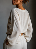 Women's Retro Casual Cotton Linen Sequin Striped Patchwork Crew Neck Pullover Shirt ZMZ0735H1ZJY